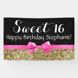 Hot Pink Bow Gold Glitter Sweet 16 Birthday Party Spandoek