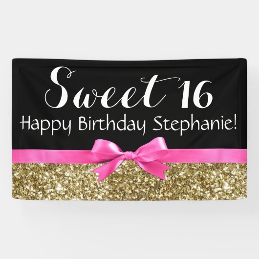 Hot Pink Bow Gold Glitter Sweet 16 Birthday Party Spandoek (Horizontaal)