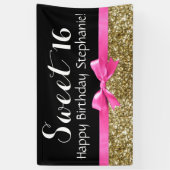 Hot Pink Bow Gold Glitter Sweet 16 Birthday Party Spandoek (Verticaal)