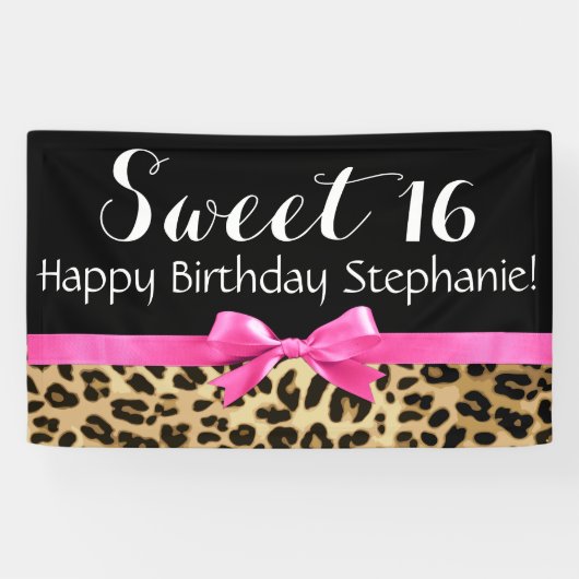 Hot Pink Bow-luipaard Afdruk Sweet 16-jarig feest Spandoek (Horizontaal)