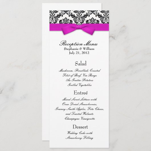Hot Pink Bow met damast bruiloft receptie Menu (Voorkant / Achterkant)