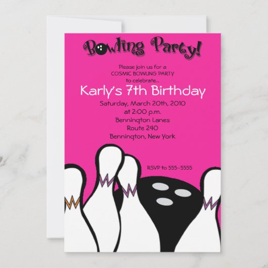 HOT PINK Bowling Cosmique Invitation Anniversaire (Devant)