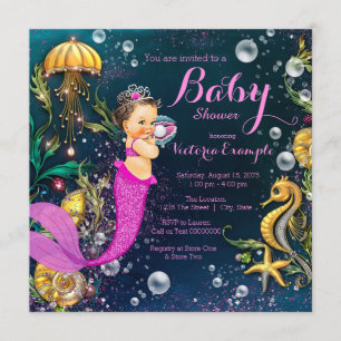 Hot Pink Brunette Mermaid Baby shower Kaart