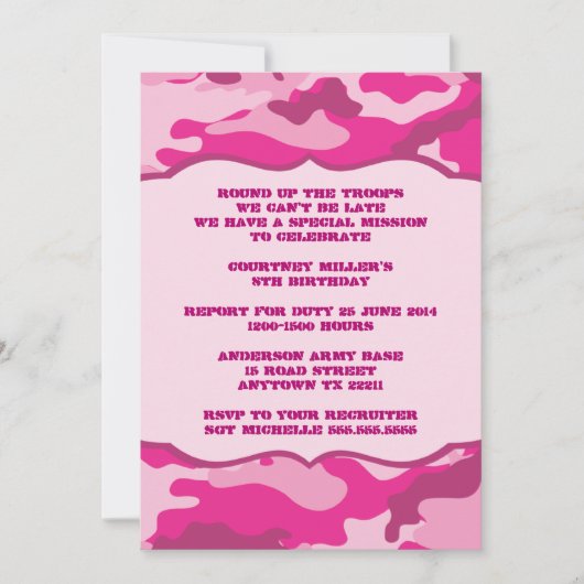 Hot Pink Camouflage Birthday Party nodigt CAMO uit Kaart (Voorkant)