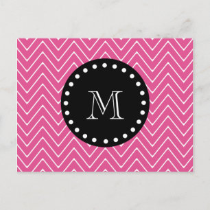 Hot Pink Chevron Pattern Zwart monogram Briefkaart