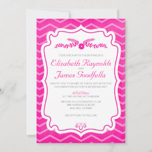 Hot Pink Chevron Stripes Wedding Invitations Kaart