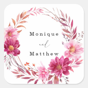 Hot Pink Chrysanthemum Wreath Wedding Vierkante Sticker