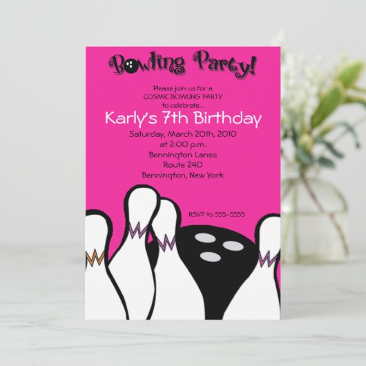 HOT PINK Cosmic Bowling Birthday Uitnodiging 5x7 (Staand voorkant)