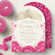 Hot Pink Crown Butterflies Elegant Quinceanera