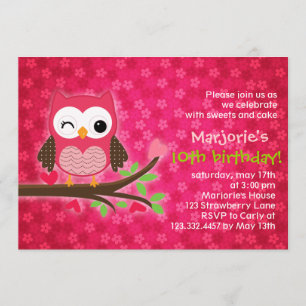 Hot Pink Cute Owl Girly Birthday Party Invitation Kaart