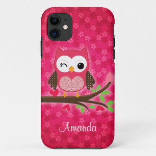 Hot Pink Cute Owl Girly iPhone 11 Hoesje