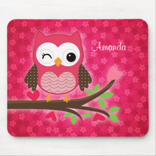 Hot Pink Cute Owl Girly Muismat