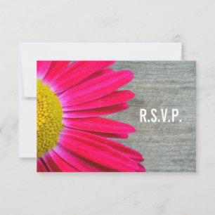 Hot Pink Daisy & Barnwood Wedding R.S.V.P. RSVP Kaartje
