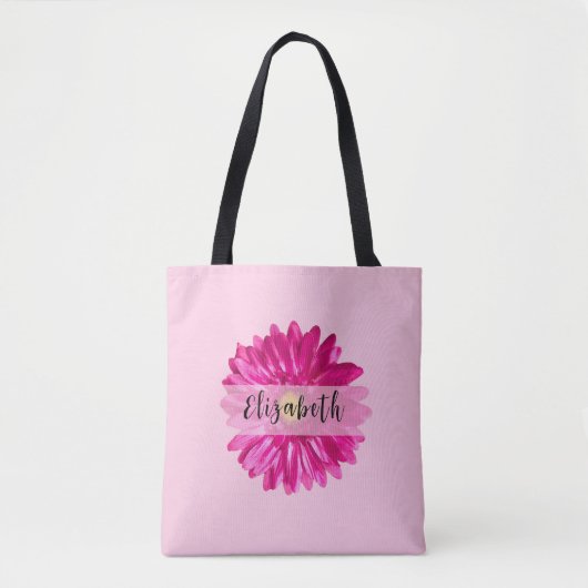 Hot Pink Daisy Custom Naam en Monogram Draagtas (Voorkant)