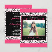 Hot Pink Damask Floral Foto Afstuderen Uitnodiging (Voorkant / Achterkant)