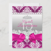 Hot Pink Damask & Pearl Bow Quinceanera Invite Kaart (Voorkant)