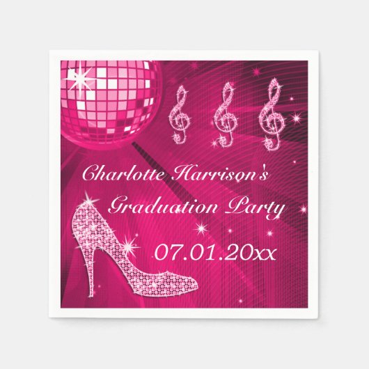 Hot Pink Disco Ball en Sparkle Heels Afstuderen Servetten (Voorkant)