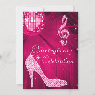 Hot Pink Disco Ball en Sparkle Heels Quinceañera Kaart