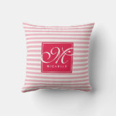 Hot Pink en Baby Pink Striped - Script Monogram Kussen (Achterkant)