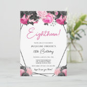 Hot Pink en Black 18th Birthday Invitation Kaart (Staand voorkant)