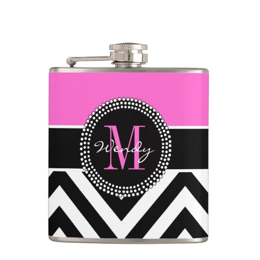 Hot Pink en Black Chevron Monogram Heupfles (Voorkant)