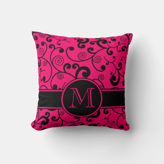 Hot Pink en Black Filigree Scroll met Monogram Kussen (Voorkant)