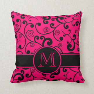 Hot Pink en Black Filigree Scroll met Monogram Kussen