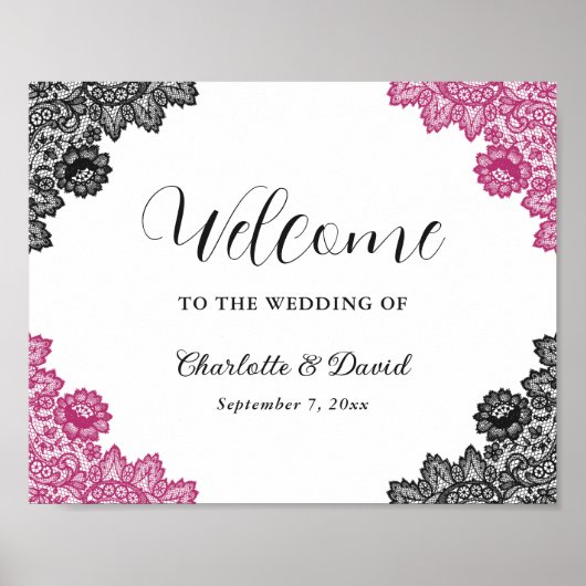 Hot Pink en Black Wedding Welkom Teken Poster (Voorkant)