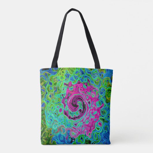 Hot Pink en Blue Groovy Abstract Retro Swirl Draagtas (Achterkant)