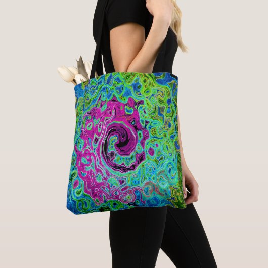 Hot Pink en Blue Groovy Abstract Retro Swirl Draagtas (Dichtbij)