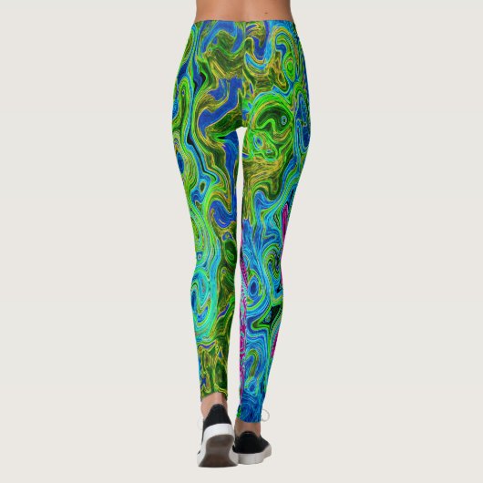 Hot Pink en Blue Groovy Abstract Retro Swirl Leggings (Achterkant)