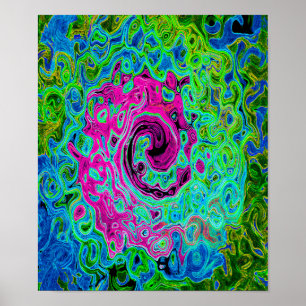 Hot Pink en Blue Groovy Abstract Retro Swirl Poster
