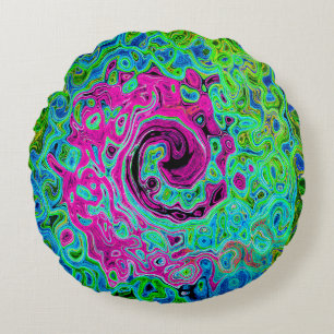 Hot Pink en Blue Groovy Abstract Retro Swirl Rond Kussen