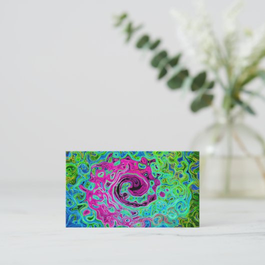 Hot Pink en Blue Groovy Abstract Retro Swirl Visitekaartje (Staand voorkant)