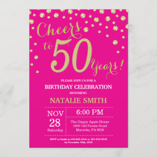 Hot Pink en Gold 50th Birthday Diamond Kaart