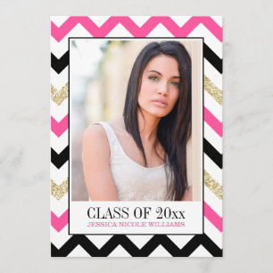 Hot Pink en Gold Glitter Chevron   Afstuderen Kaart