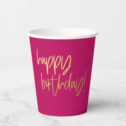 Hot Pink en Gold Happy Birthday Papieren Bekers (Voorkant)