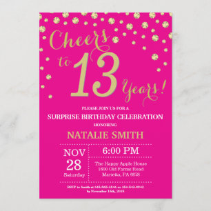 Hot Pink en Gold Surprise - 13e verjaardag Diamond Kaart