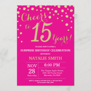 Hot Pink en Gold Surprise 15e verjaardag diamant Kaart