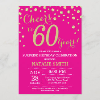 Hot Pink en Gold Surprise 60th Birthday Diamond Kaart