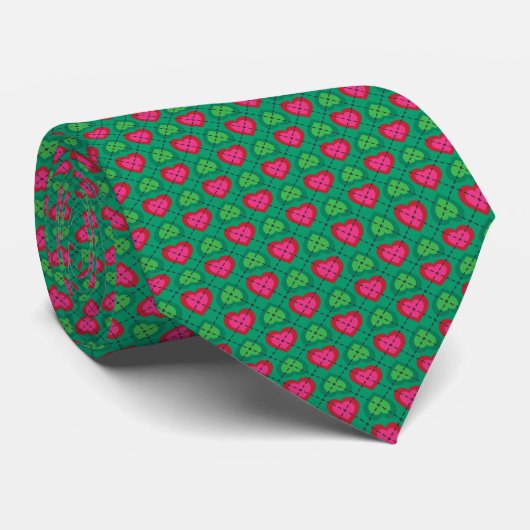 Hot Pink en Green Hearts Argyle Stropdas (Opgerold)