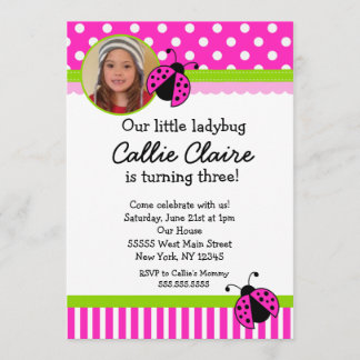 Hot Pink en Green Ladybug BIrthday-uitnodigingen Kaart