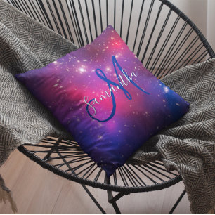 Hot Pink en Navy Blue Celestial Monogram foto Kussen