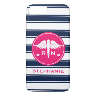 HOT PINK EN NAVY STRIPE CADUCEUS NURSE RN 	iPhone 8 PLUS / 7 PLUS HOESJE