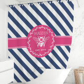 Hot Pink en Navy Stripes Honey Bee Monogram Douchegordijn