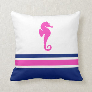 Hot Pink en Navy Zee Horse Nautical Kussen