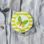 Hot Pink en Neon Green Butterfly; Stripes Ronde Button 4,0 Cm (In situ)