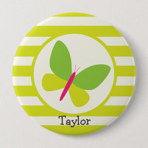 Hot Pink en Neon Green Butterfly; Stripes Ronde Button 4,0 Cm