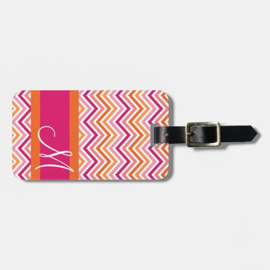 Hot Pink en Oranje Chevron Patroon met monogram Bagagelabel (Voorkant horizontaal)