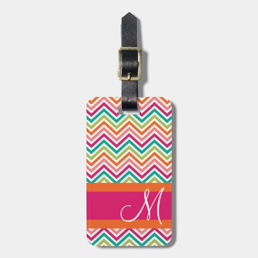 Hot Pink en Oranje Chevron Patroon met monogram Bagagelabel (Voorkant verticaal)
